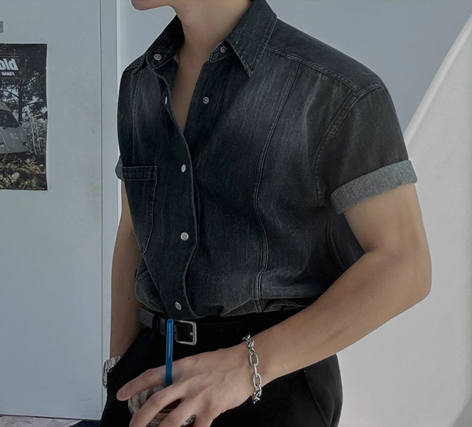 韓系復古做舊顯肩寬短袖襯衫