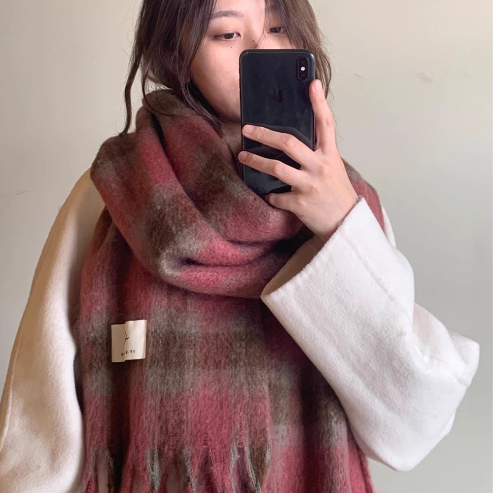 圍巾 羊毛圍巾 馬海毛圍巾 超親膚 不刺膚 小臉神器 粉色圍巾 大圍巾 披肩 加厚圍巾 長圍巾 格紋圍巾 禮物 016
