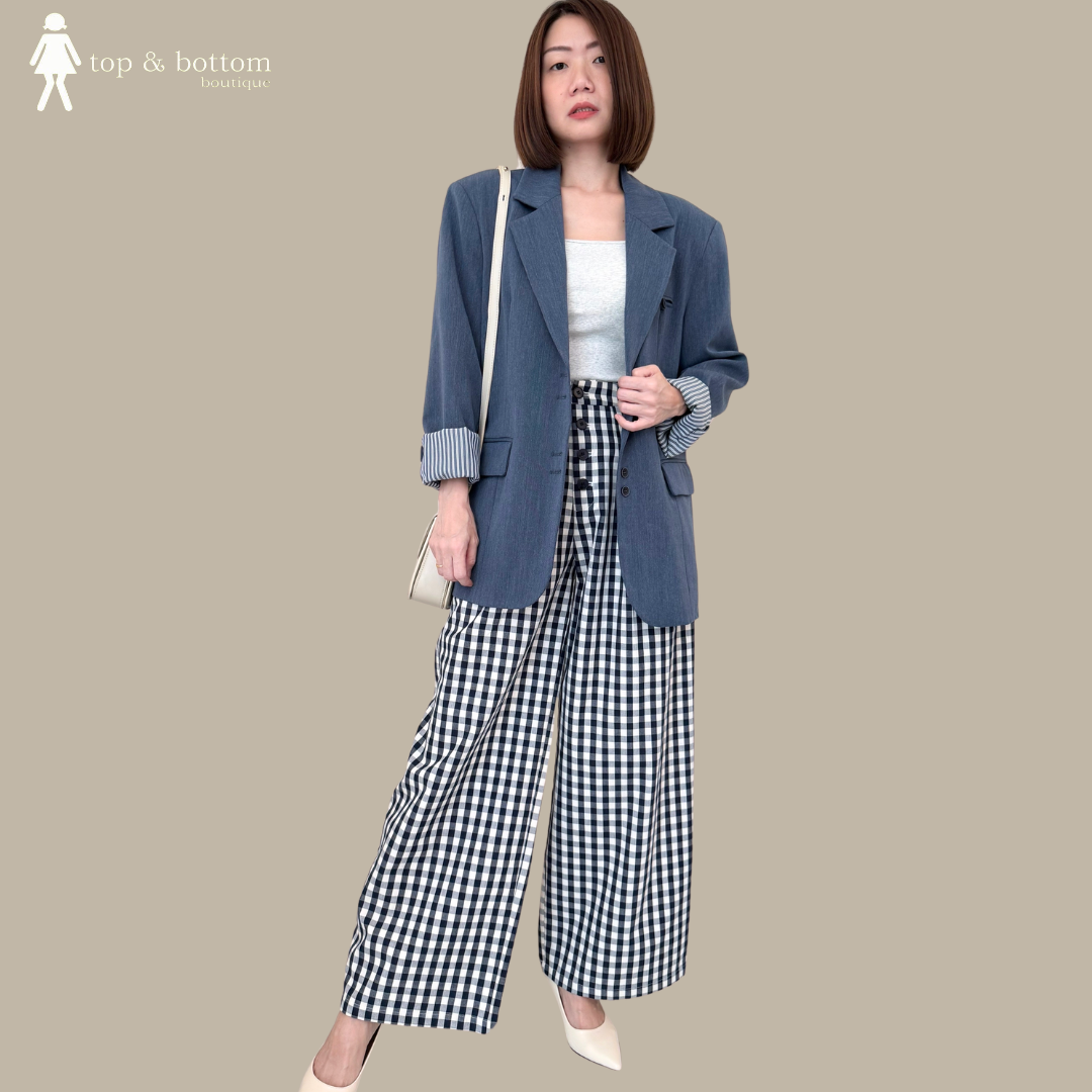 HIGH WAISTED BUTTON CHECKED WIDE LEG PANT