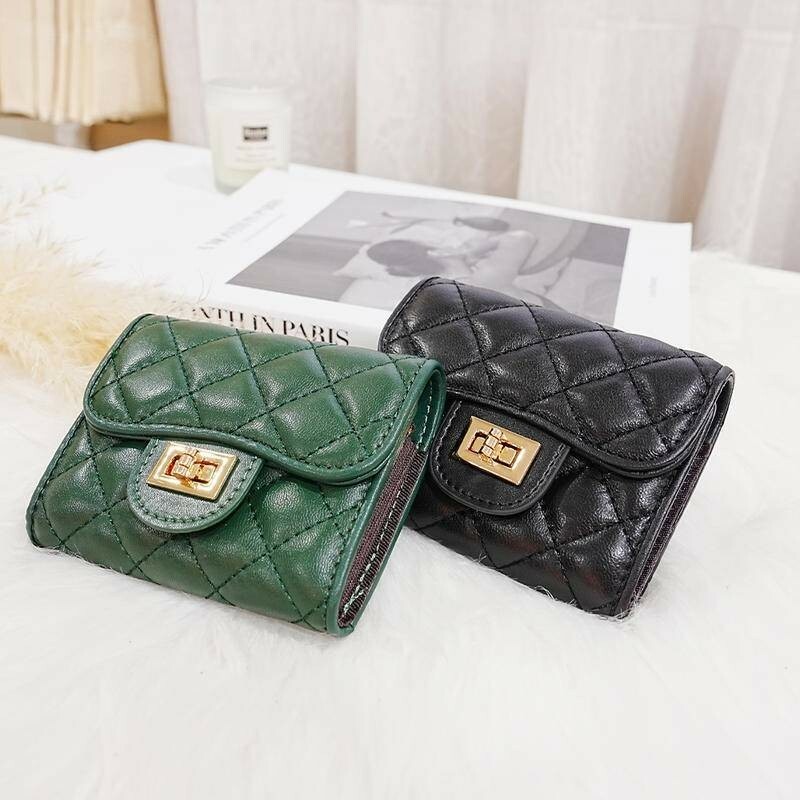 女生錢包 氣質搭扣多卡位  歐美簡約 牛皮包包 真皮錢包 包包女 卡包 女真皮皮包 短夾 菱格繡線卡夾 真皮包包 071