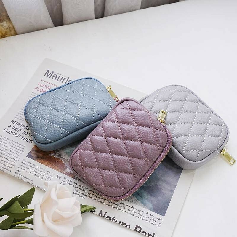 錢包女 零錢包 雙拉鏈零錢包 真皮零錢包 牛皮零錢包 錢包  菱格零錢包 魚子醬零錢包 大零錢包  女生錢包 067