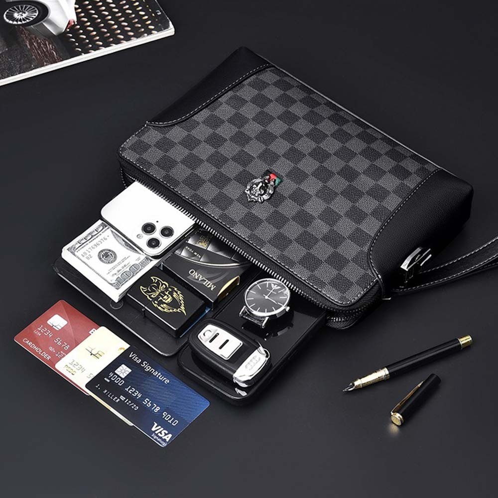 男生手拿包 商務手拿包 真皮手包 密碼鎖包包 防盜鎖包包 格纹包包 棋盤格手拿包 潮流型男包 送男朋友 生日禮物 091