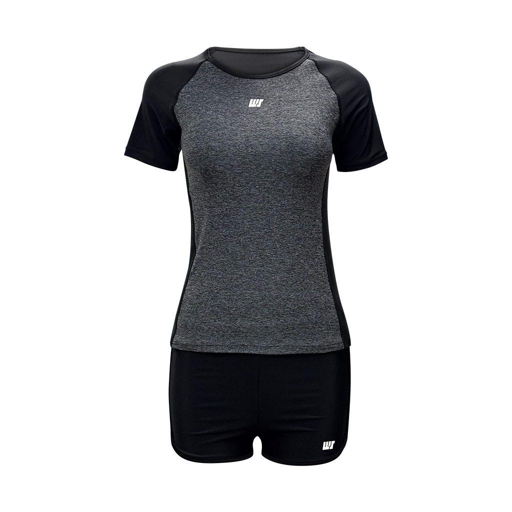 女士短袖游泳防曬上衣搭配平腳泳褲 - 黑/灰