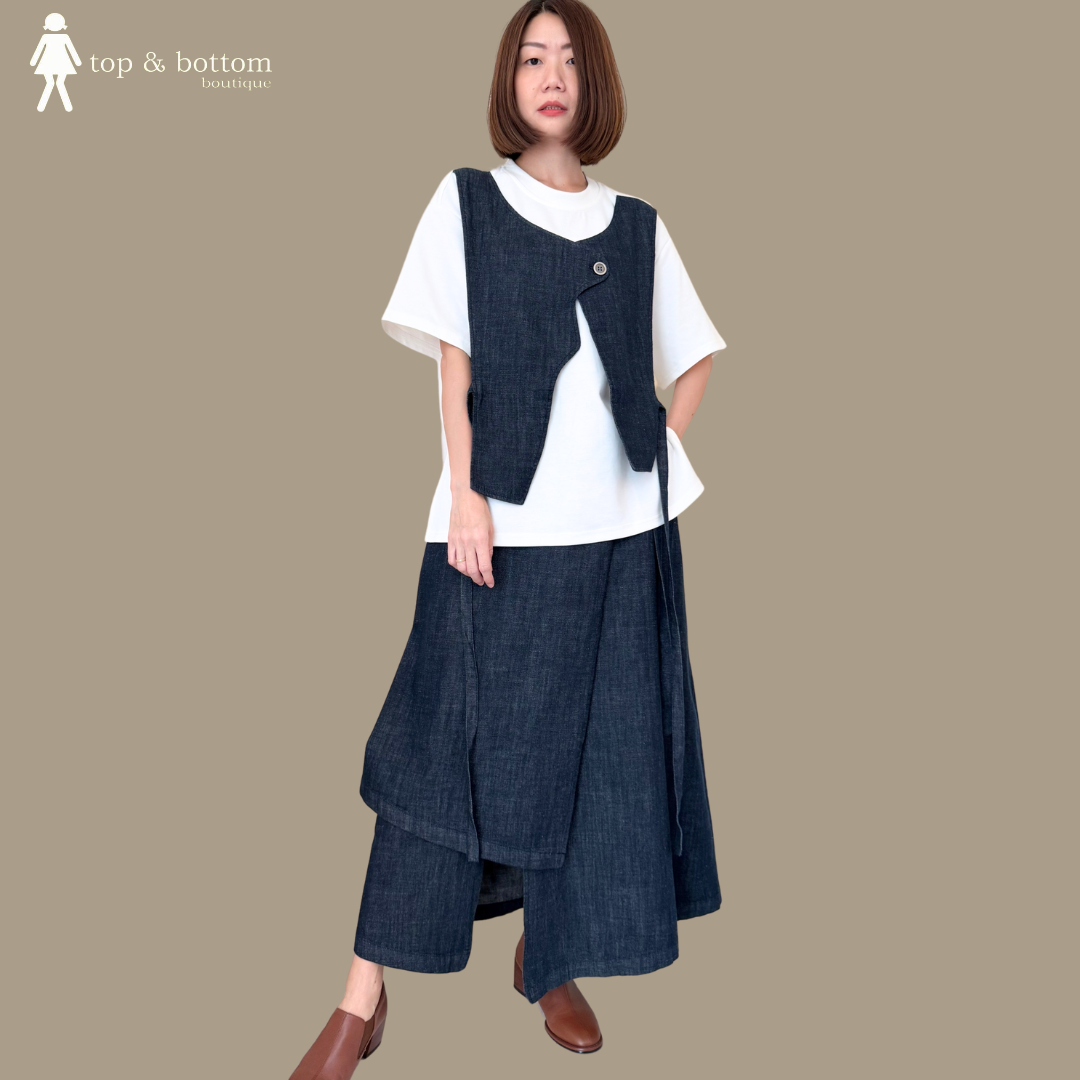 DENIM VESTED TOP & WRAP SKIRT SET SUIT