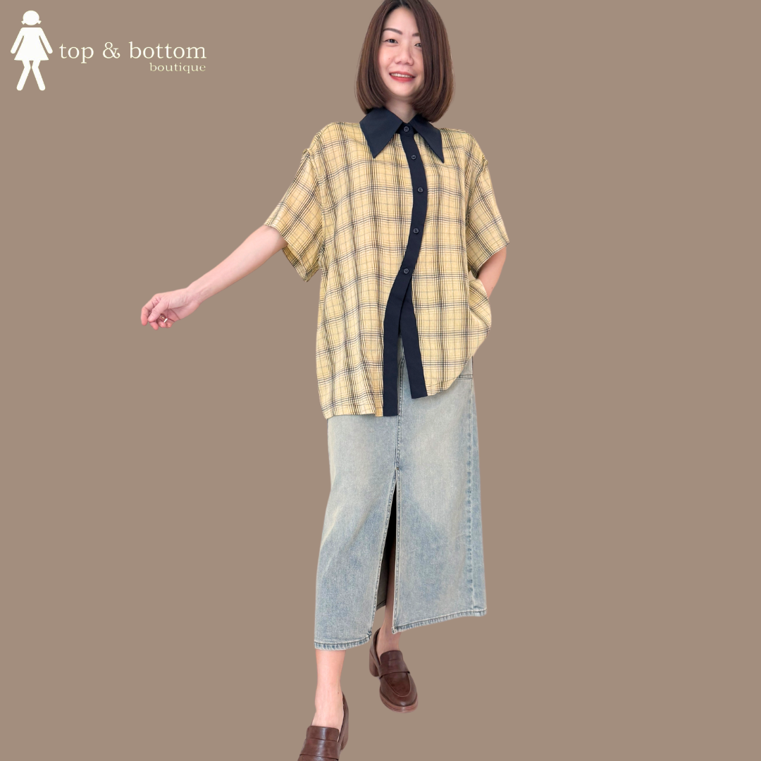 SHORT SLEEVE CHECKED BUTTON LONG SHIRT
