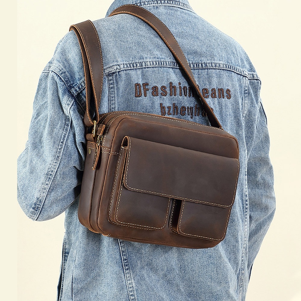 包包 男包 郵差包 小方包 斜背包 牛皮單肩包 真皮背包 郵差斜背男包 男款小包 復古休閒包 棕色包包 男生禮物 068