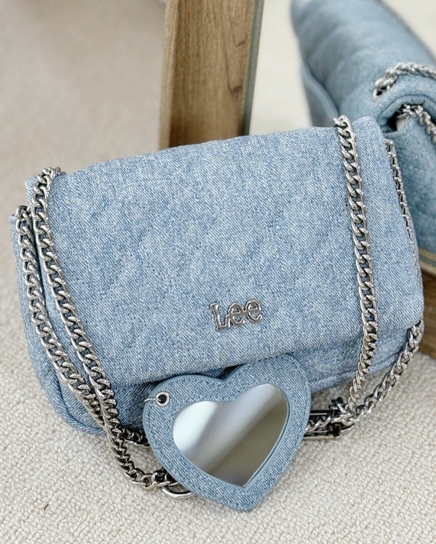 LEE 小香風 菱格紋 小方包 簡約 鍊條肩帶 牛仔 PU 深藍/淺藍 二色