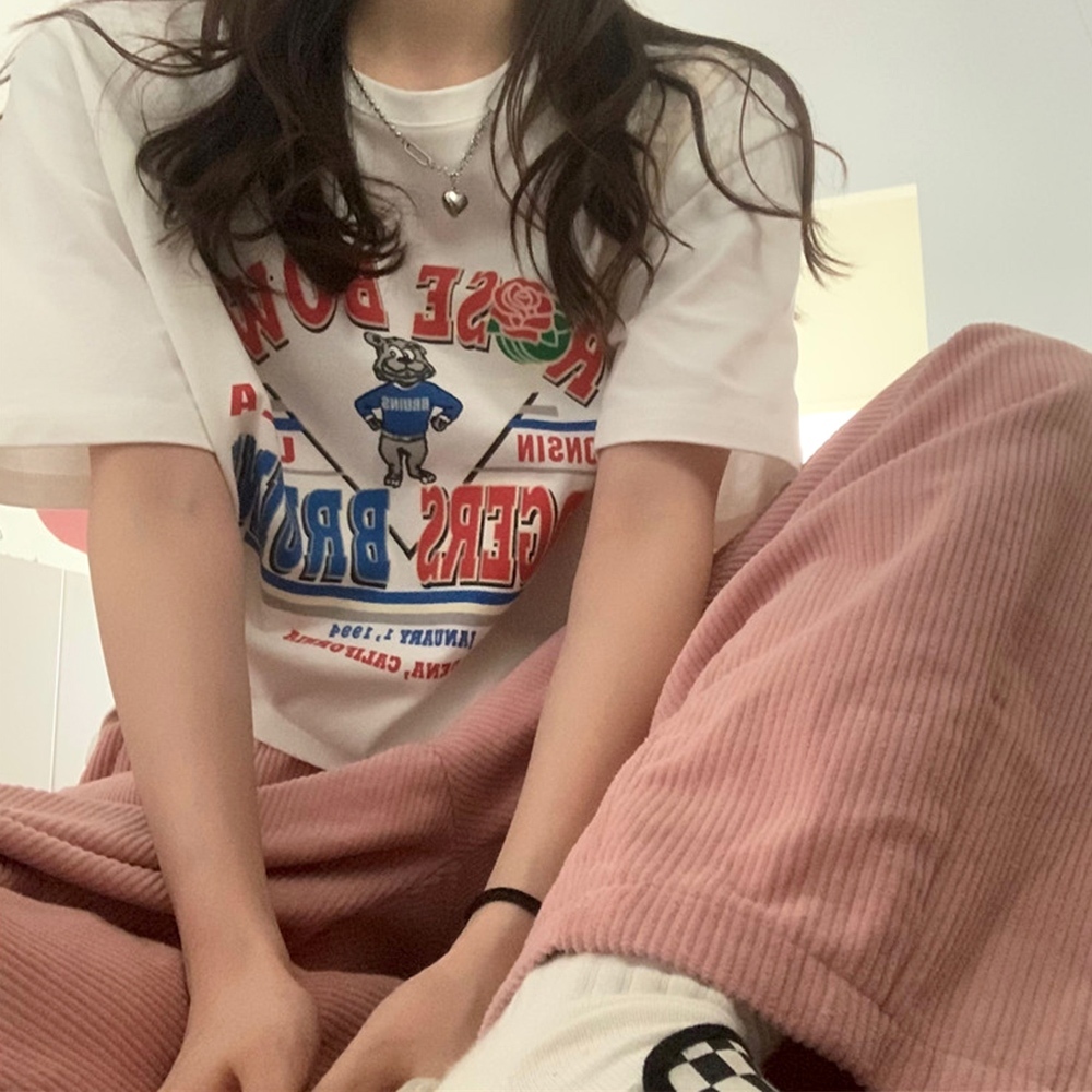 衣服 上衣 短t 寬鬆 卡通上衣 美式短t 純棉上衣 白色短袖 短袖T恤 女短T 設計感上衣 落肩上衣 生日禮物 012