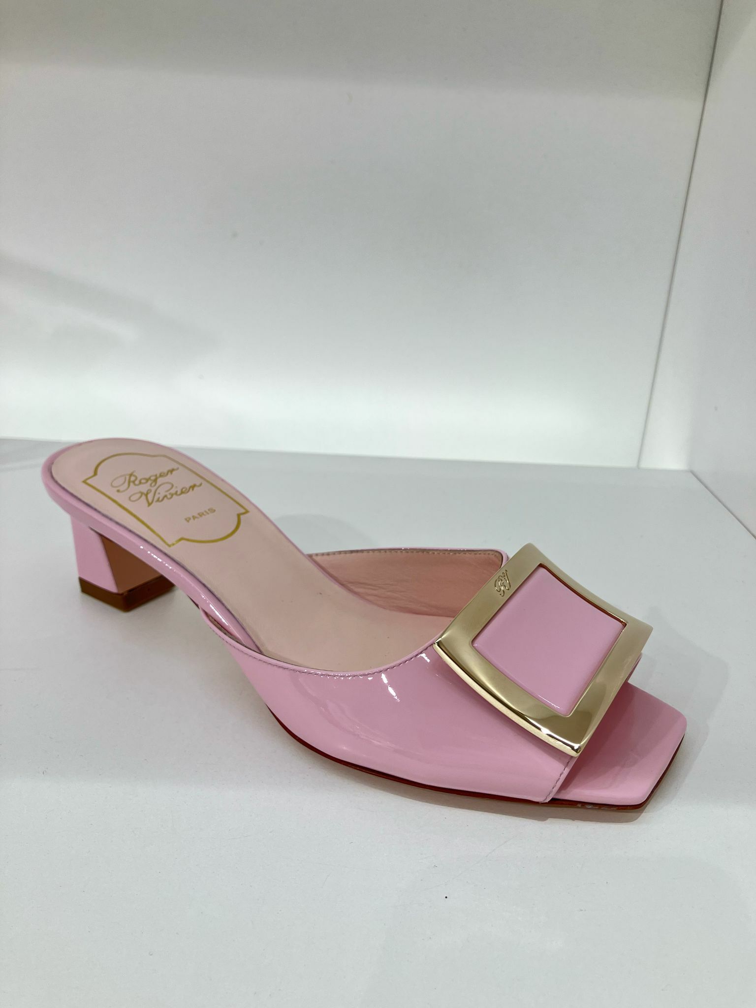 Roger Vivier RV open toe metal buckle mules heels 45mm pink