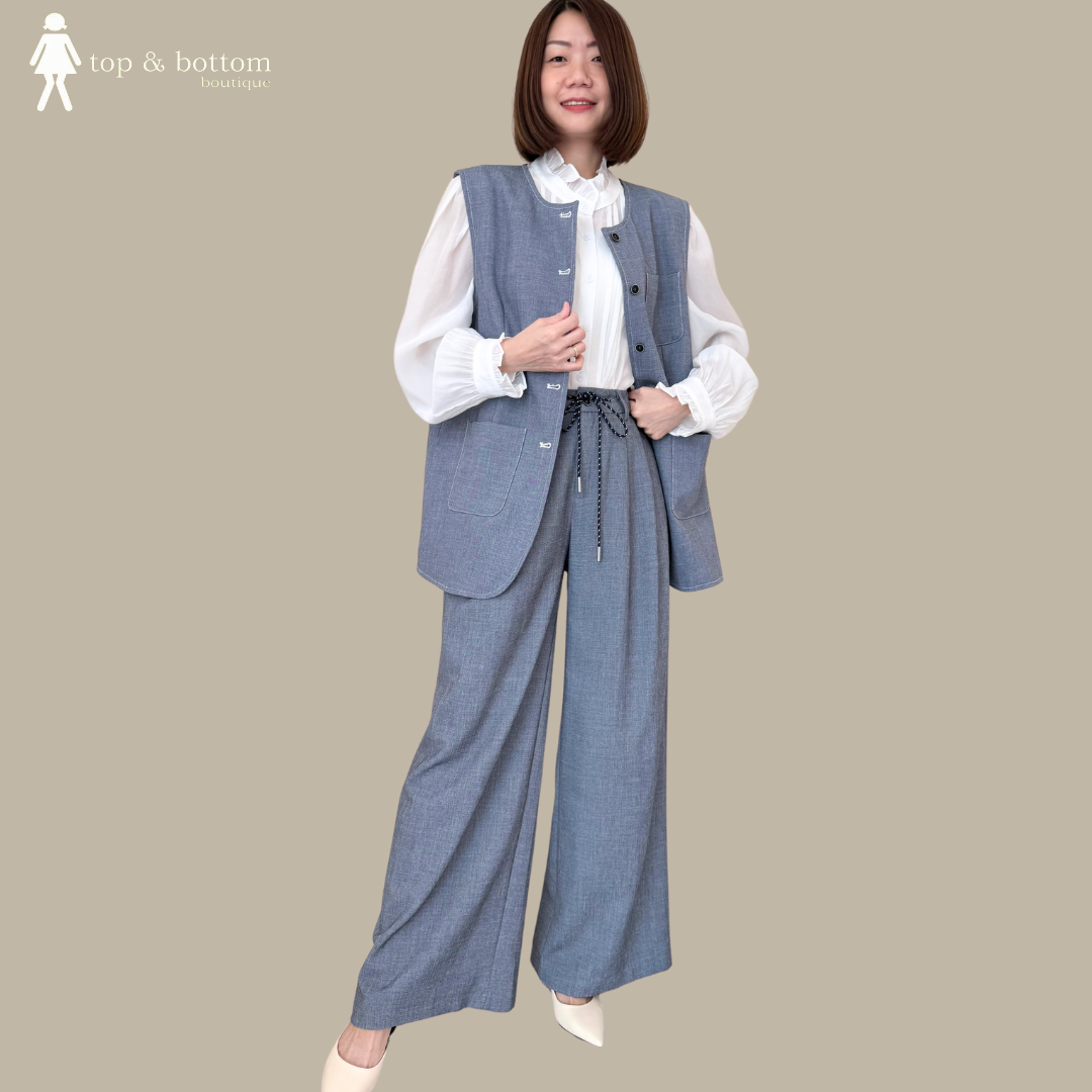 CHIFFON LONG SLEEVE SHIRT & SOFT DENIM VEST SET TOP