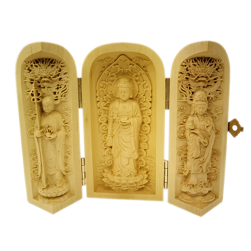 娑婆三聖 地藏菩薩 黃楊木小佛堂 高10公分【十方】154600