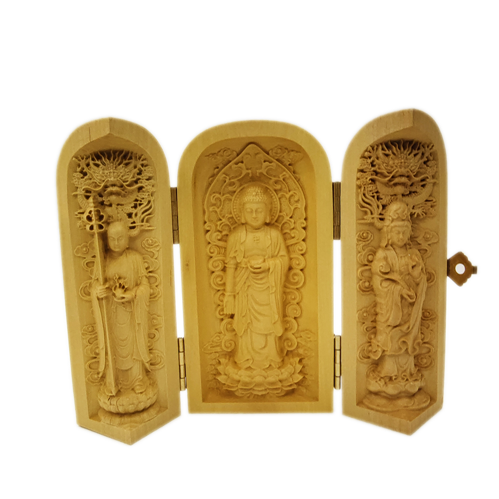 娑婆三聖 地藏菩薩 黃楊木小佛堂 高10公分【十方】154600