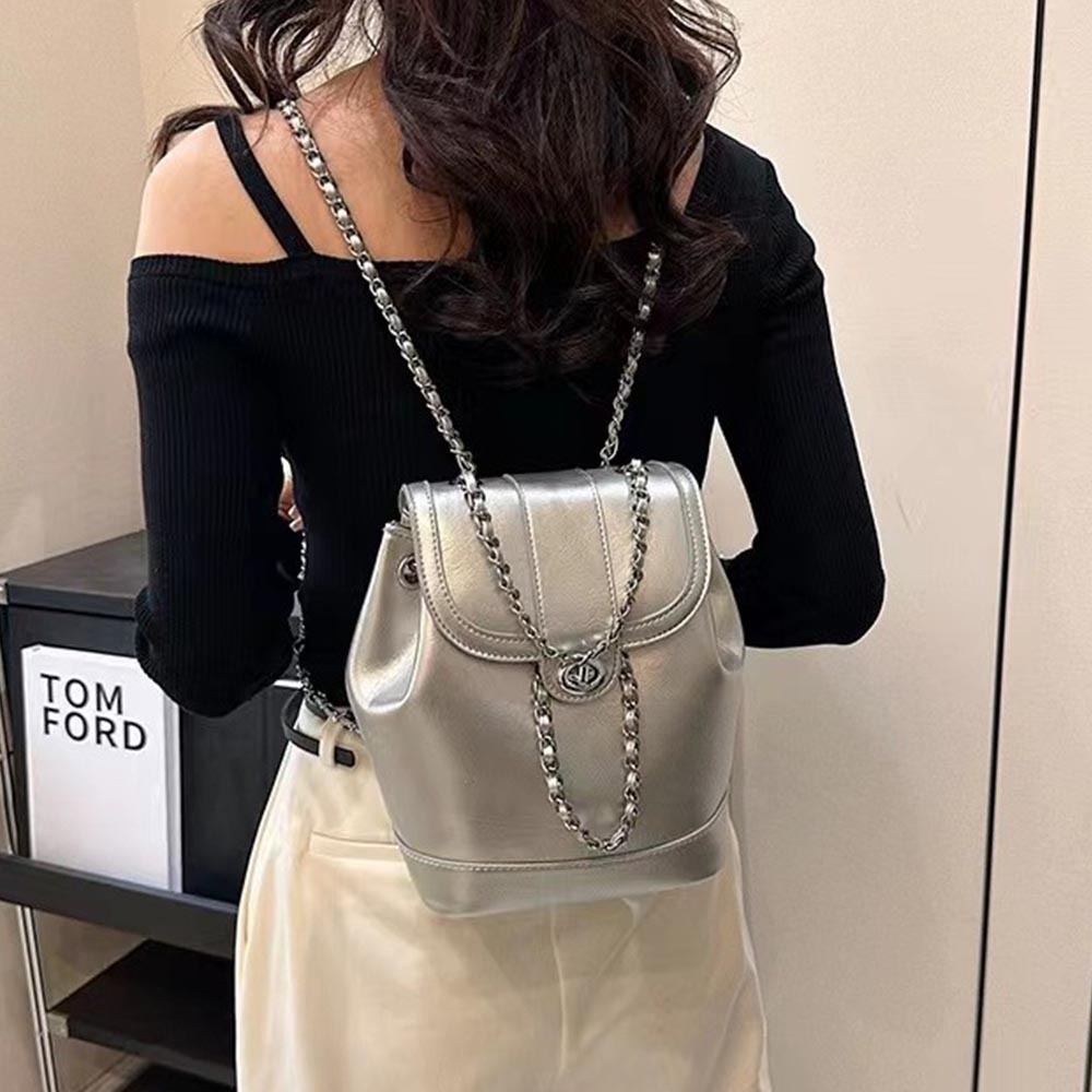 包包女 水桶包 小香風包包 日系小包包 水桶後背包 鏈帶後背包 銀色包包 小後背包 迷你小背包 多功能包包 禮物 641