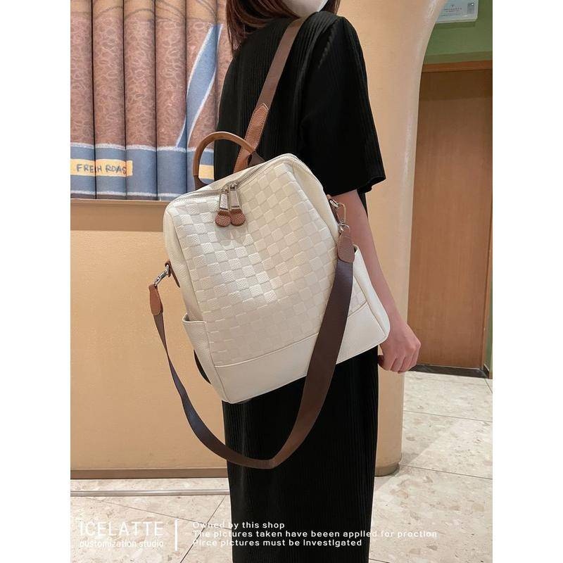 包包 後背包 大容量包包 a4包 棋盤格包包 真皮後背包 真皮背包 牛皮包包 書包 百搭休閒包包 白色包包 禮物 133
