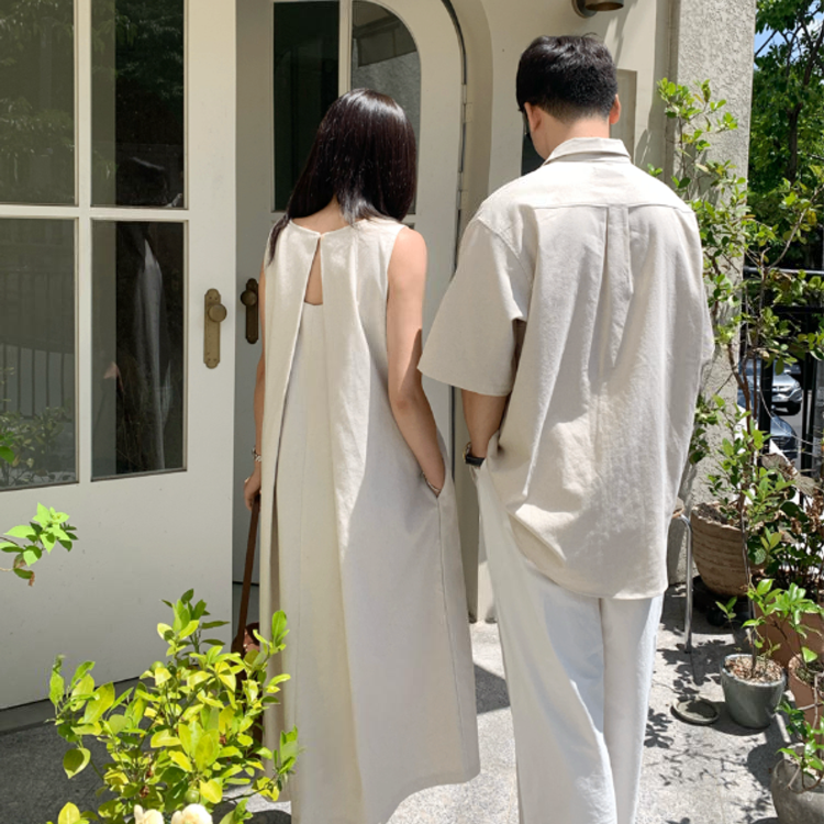 春夏亞麻情侶裝（男款襯衫 / 女款無袖長洋）