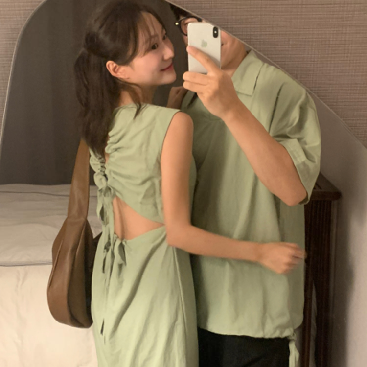 春夏尼龍情侶裝（男款襯衫 / 女款露背長洋）