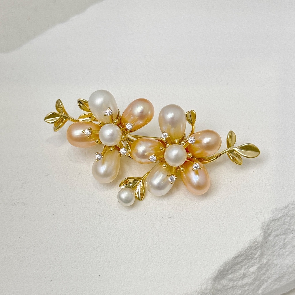 雙花綴珍語胸針