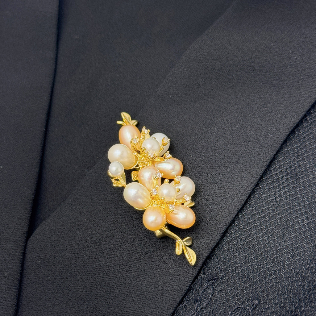 雙花綴珍語胸針