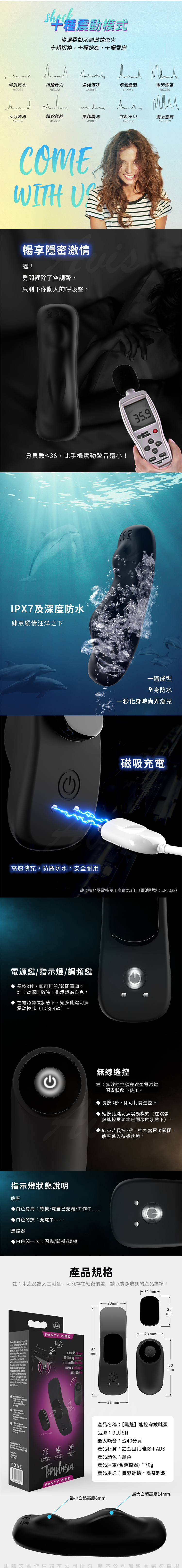 BLUSH磁吸穿戴跳蛋產品規格與配件展示，包含主機、遙控器與包裝盒