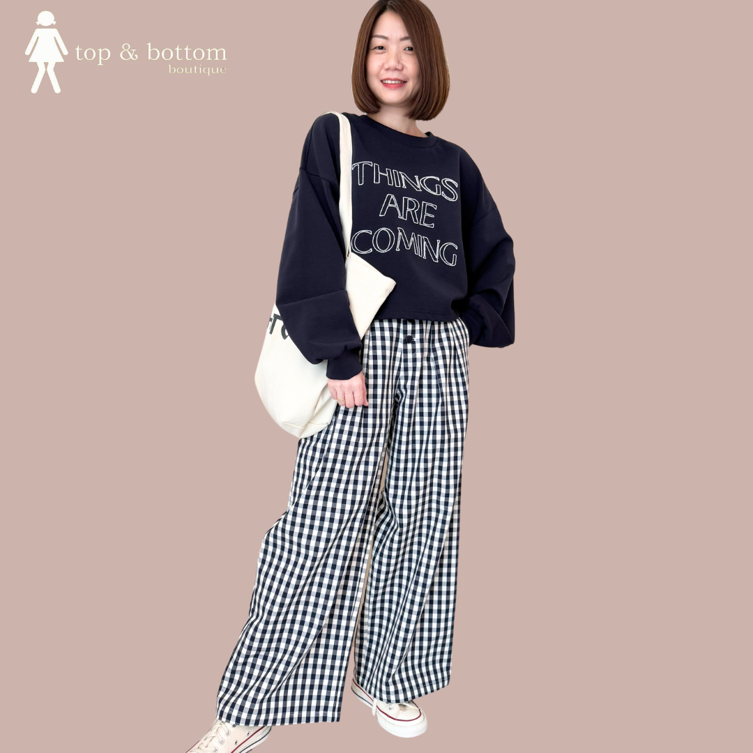 HIGH WAISTED BUTTON CHECKED WIDE LEG PANT