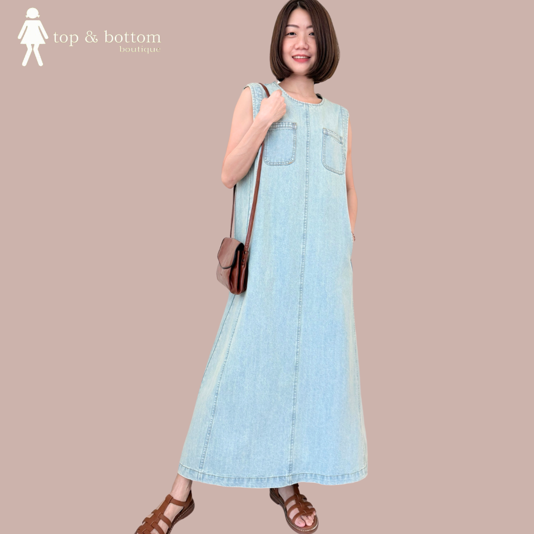 SLEEVELESS POCKET LONG DENIM DRESS