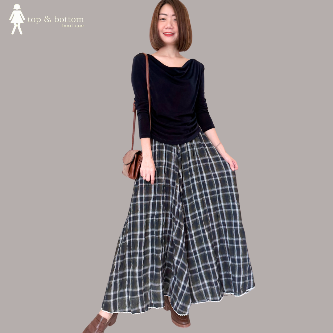 WRINKLED PLAID LONG SKIRT