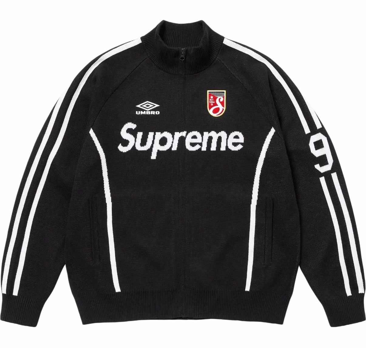 Supreme x Umbro 聯名 黑色 胸前刺繡Logo 拉鍊長袖毛衣 男女同款