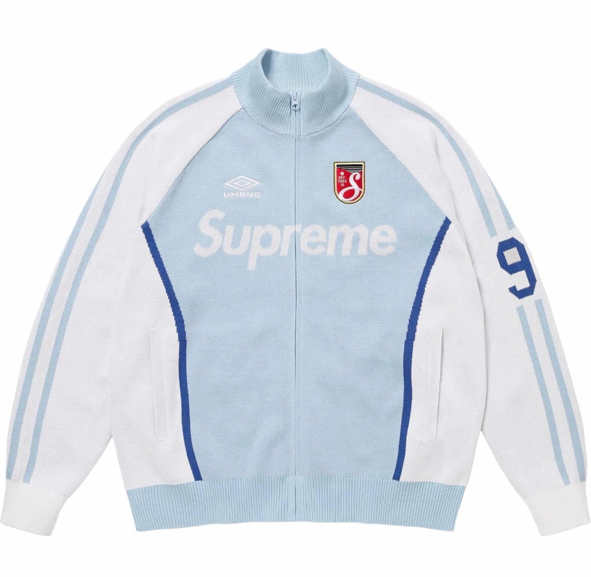 Supreme x Umbro 聯名 天藍色 胸前刺繡Logo 拉鍊長袖毛衣 男女同款