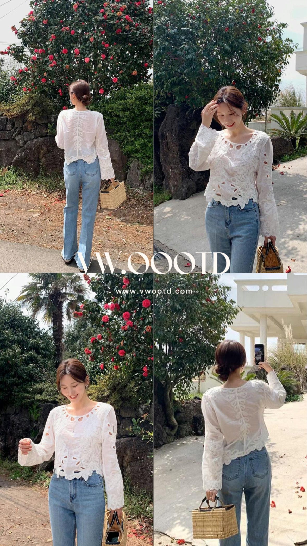 通花刺繡波浪袖口上衣(白色)