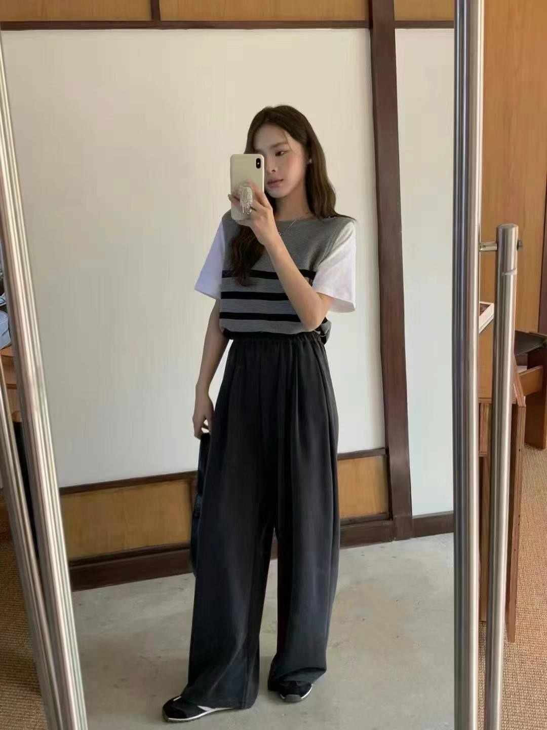 透氣闊腳休閒長褲(黑色)