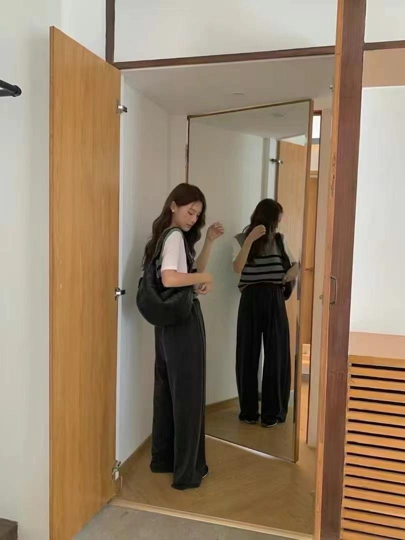 透氣闊腳休閒長褲(黑色)