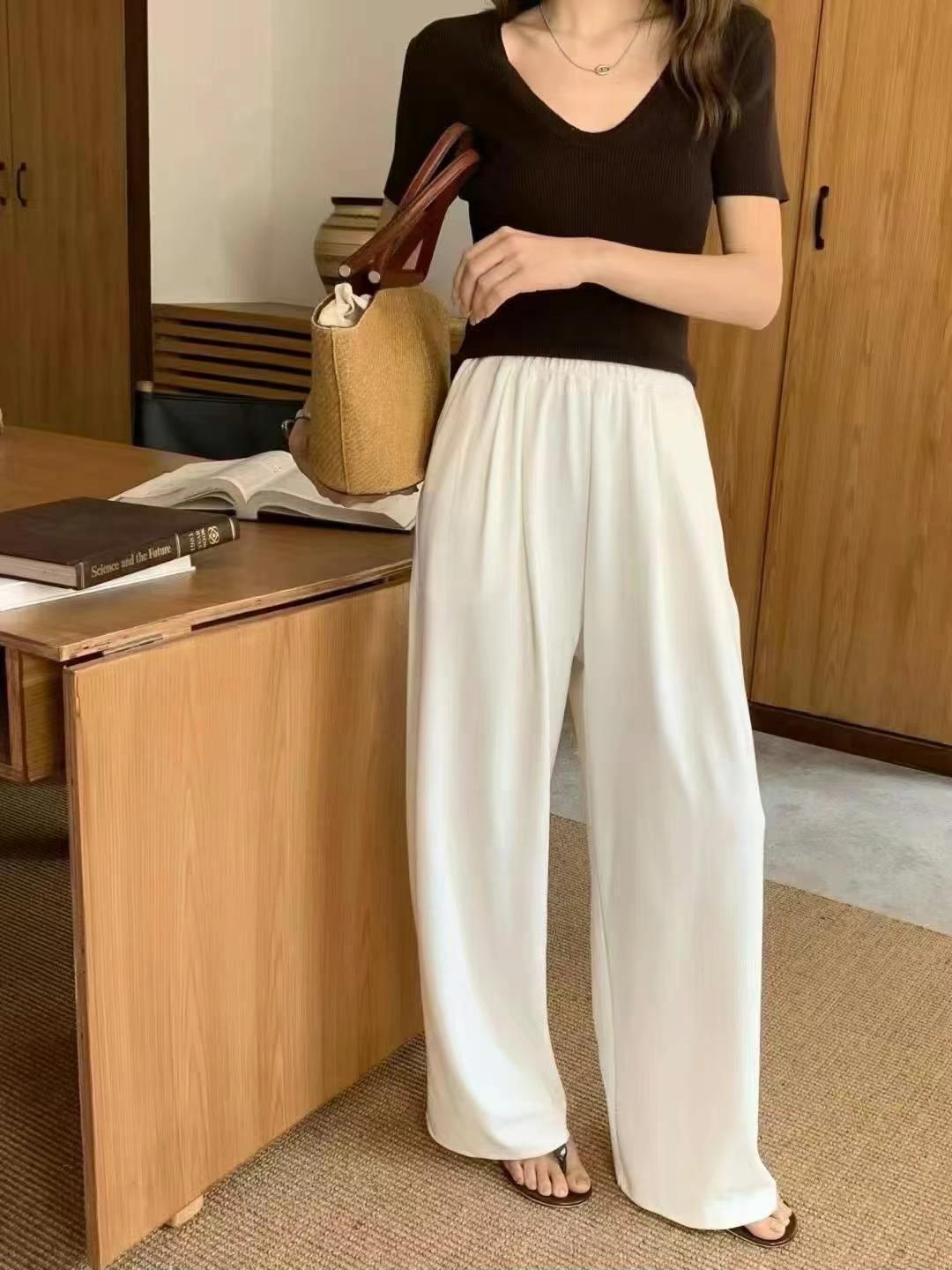 透氣闊腳休閒長褲(米色)