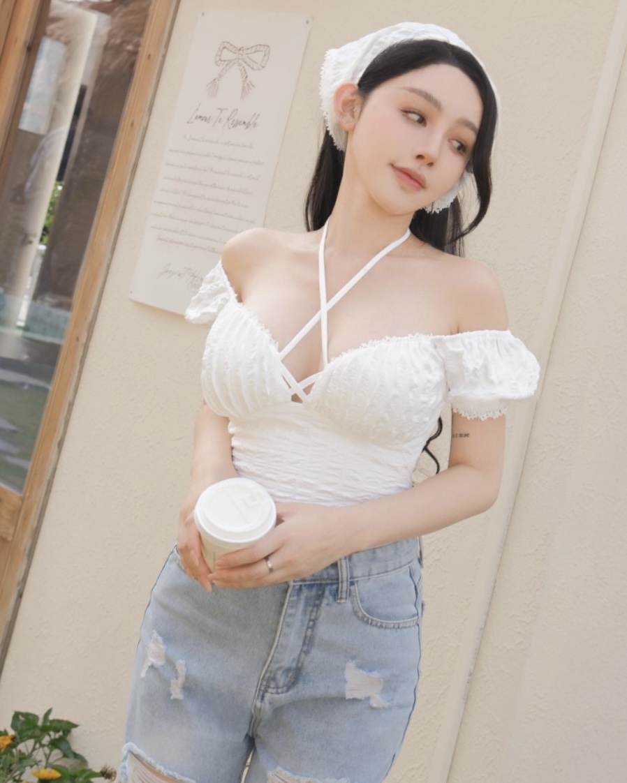 訂製-甜美澎皺格紋花邊上衣