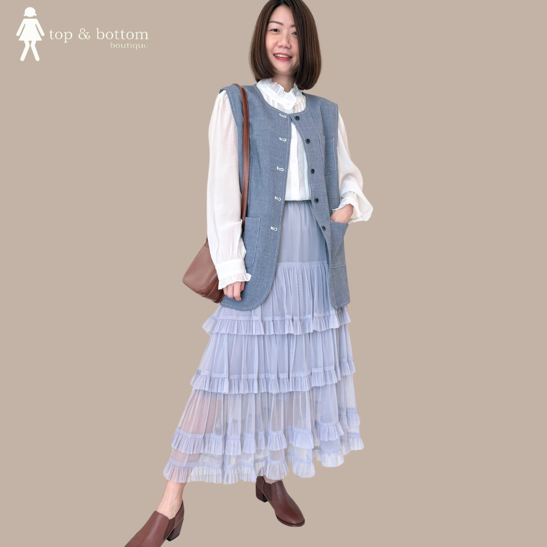 CHIFFON LONG SLEEVE SHIRT & SOFT DENIM VEST SET TOP