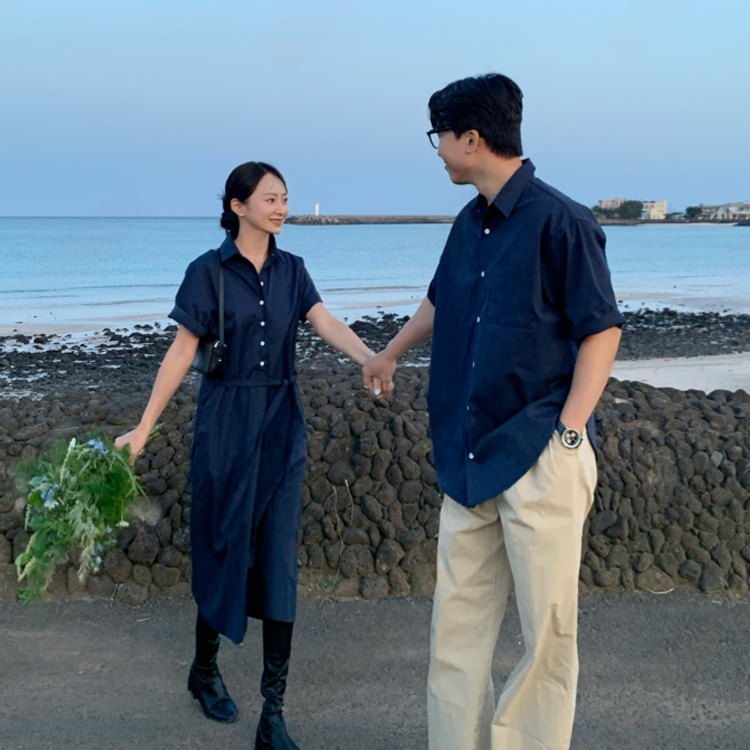 V領排釦襯衫情侶裝（男款襯衫 / 女款長洋）