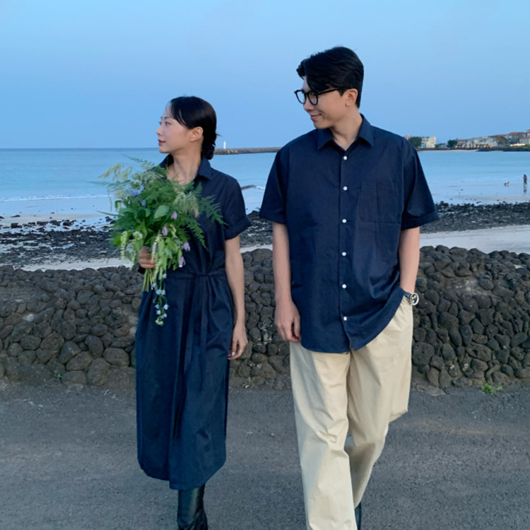 V領排釦襯衫情侶裝（男款襯衫 / 女款長洋）