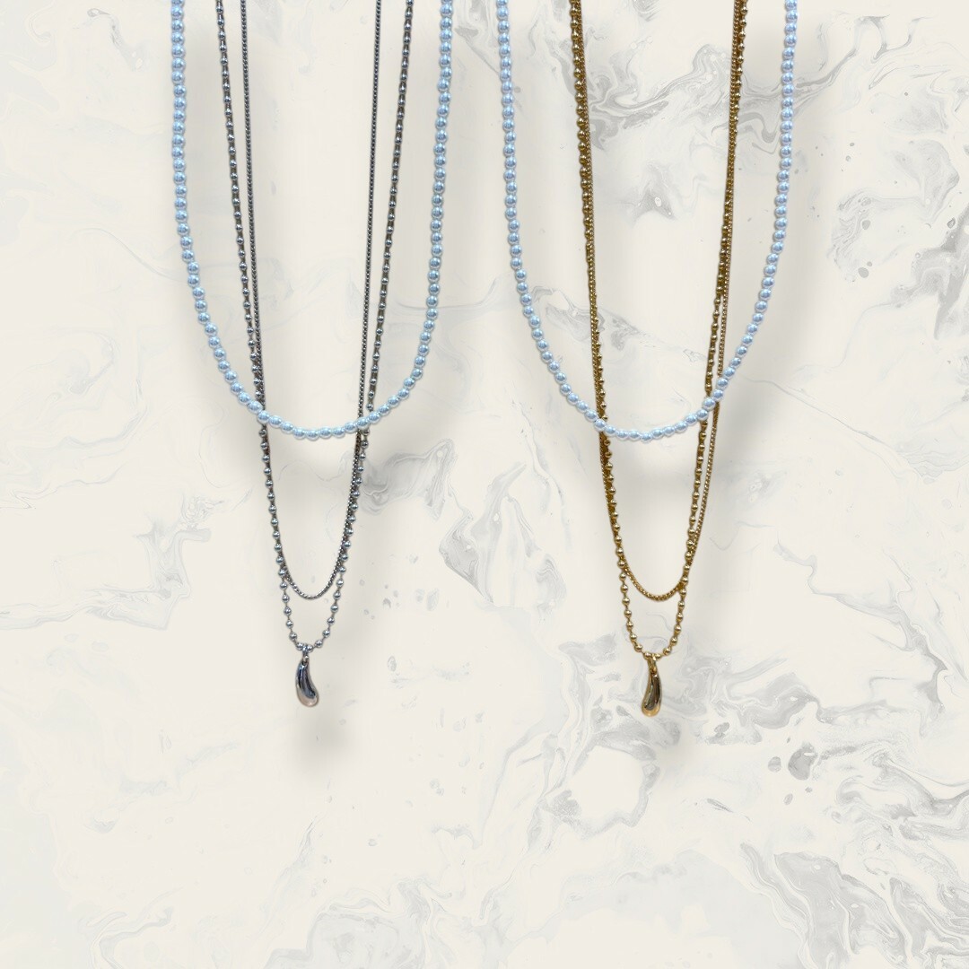 韓國直送項鍊 三鍊 珍珠串+素鍊+珠珠鍊吊立體水滴 二件組 2色