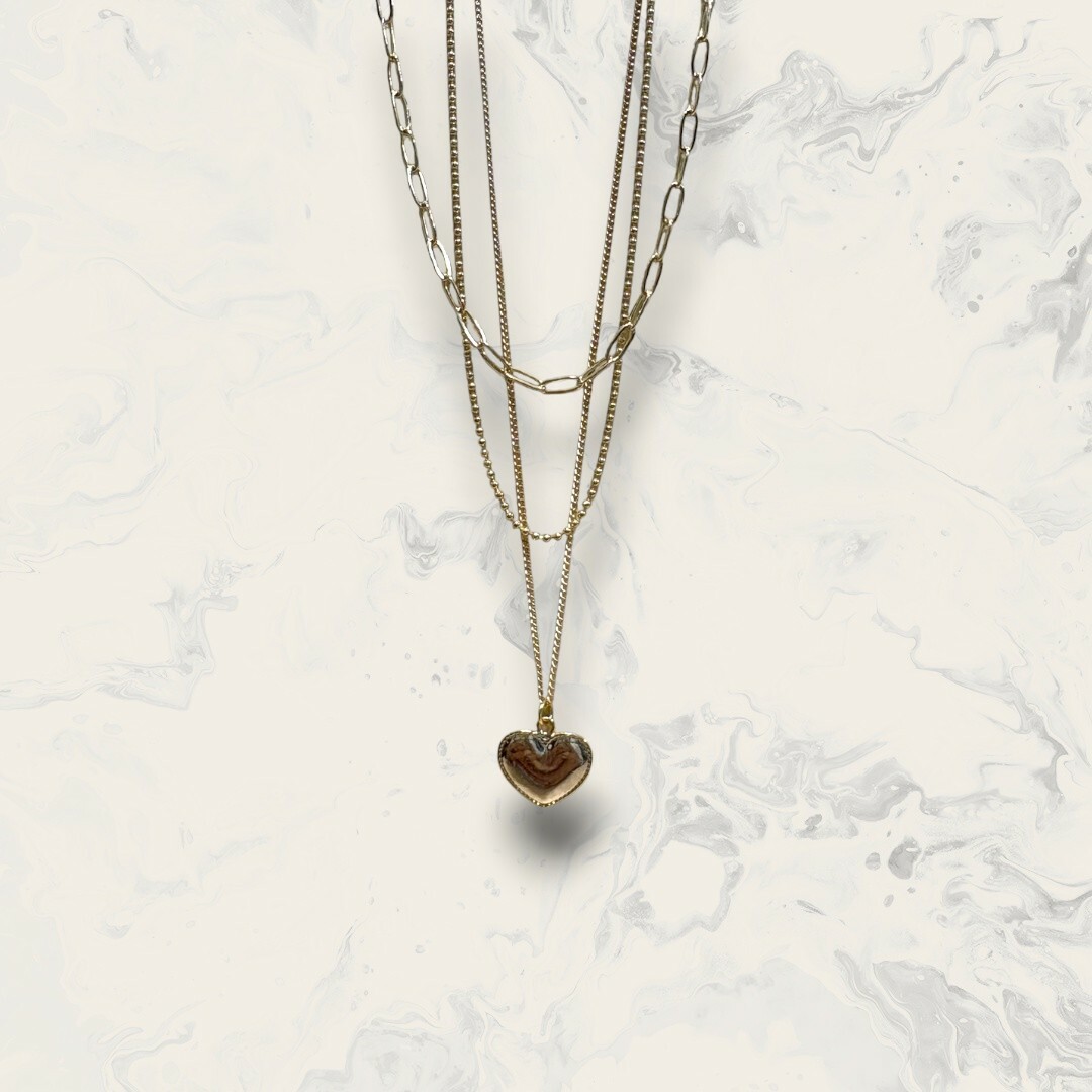 韓國直送項鍊 三鍊 長圓鍊+珠珠鍊+素鍊吊愛心 二件組