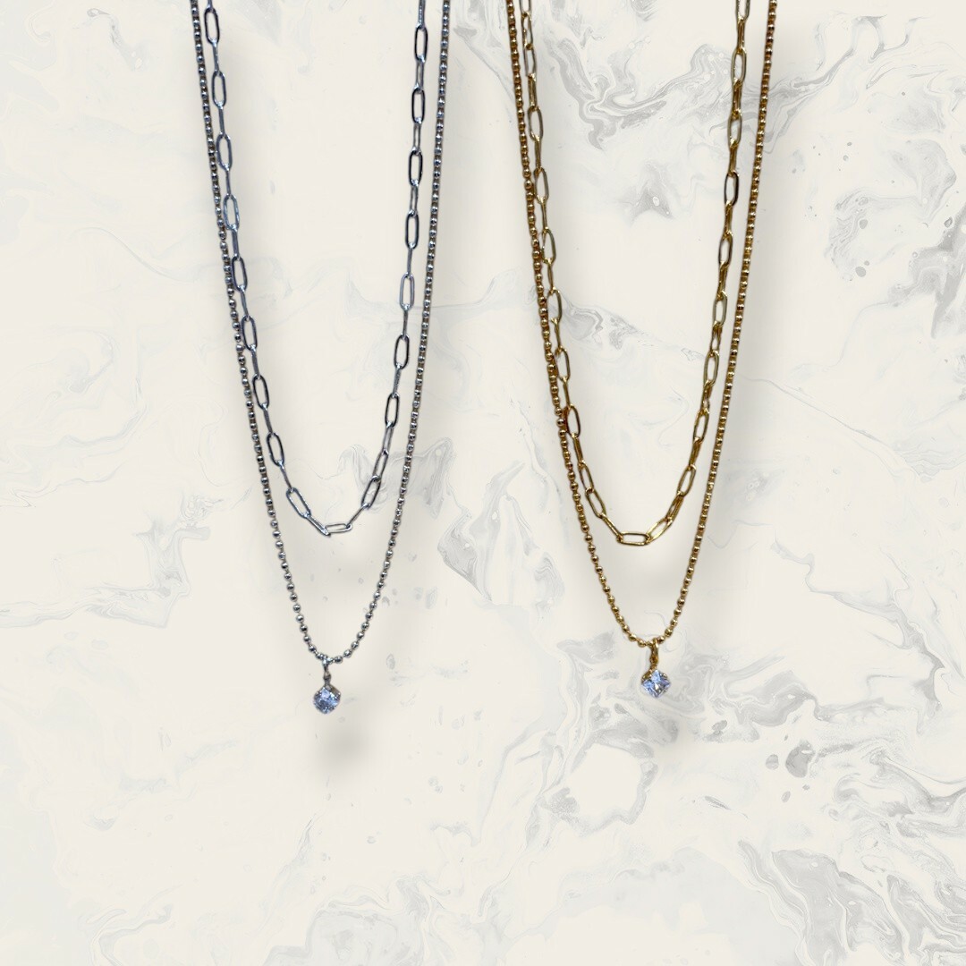 韓國直送項鍊 長圓鍊+珠珠鍊吊菱形鋯 二件組 2色