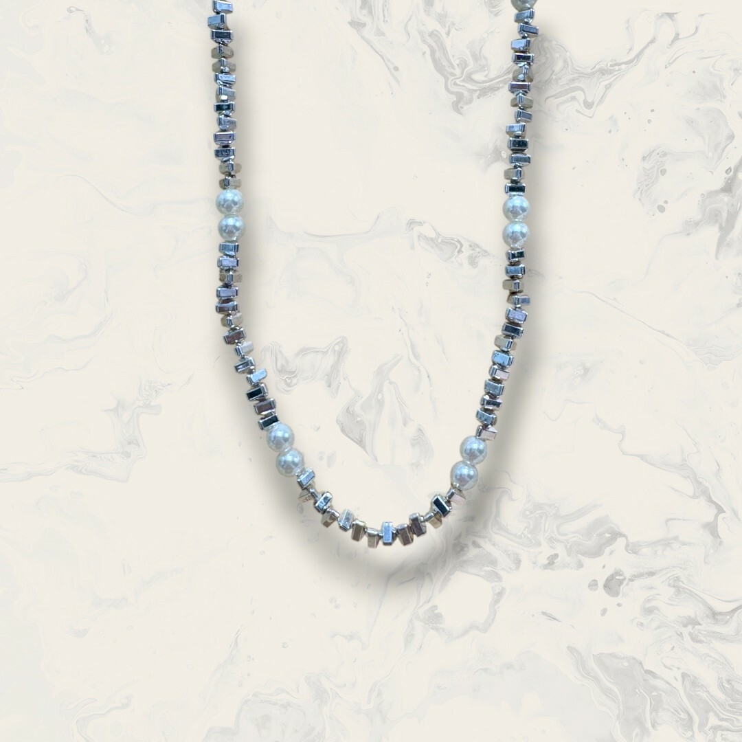 韓國直送項鍊 銀三角珠+珍珠 手工串珠 鍍銀