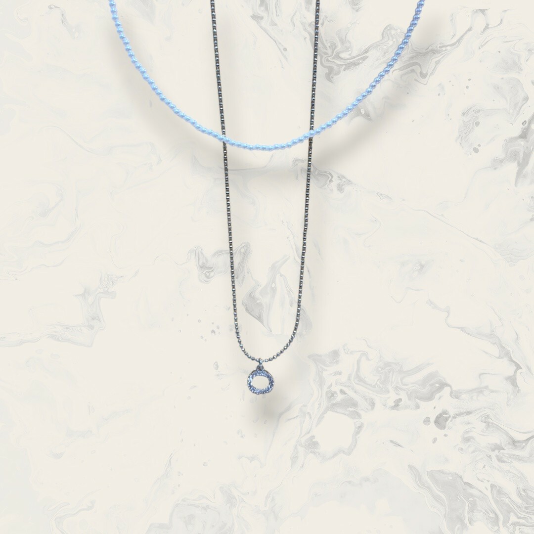 韓國直送項鍊 小珍珠串+珠珠鍊吊線鋯圓框 二件組