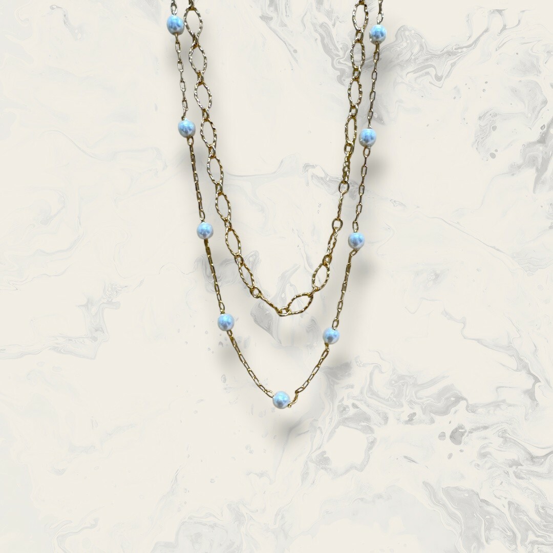 韓國直送項鍊 珍珠鍊+鋸齒葉形框鍊 二件組