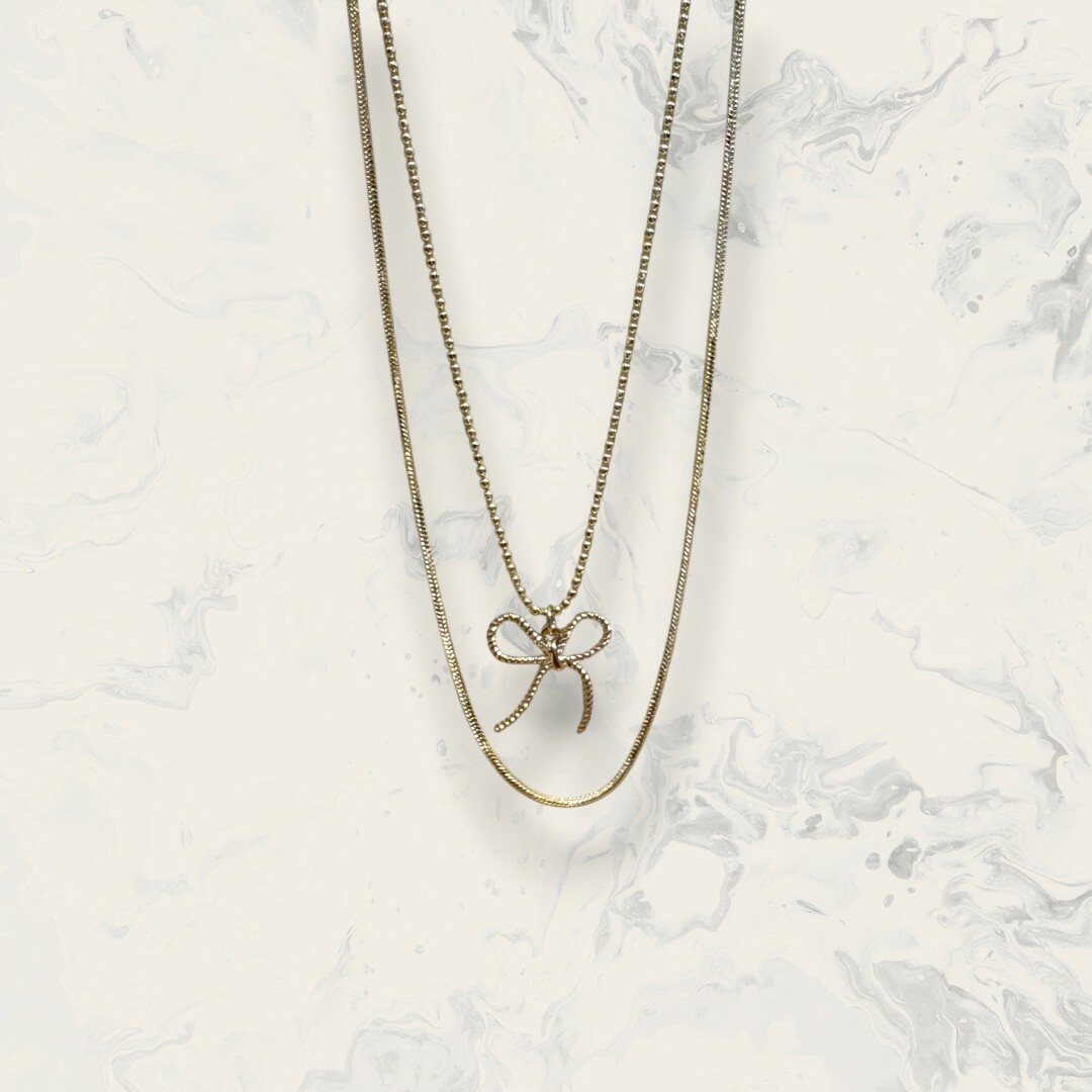 韓國直送項鍊 蛇鍊+珠珠鍊吊蝴蝶結繩