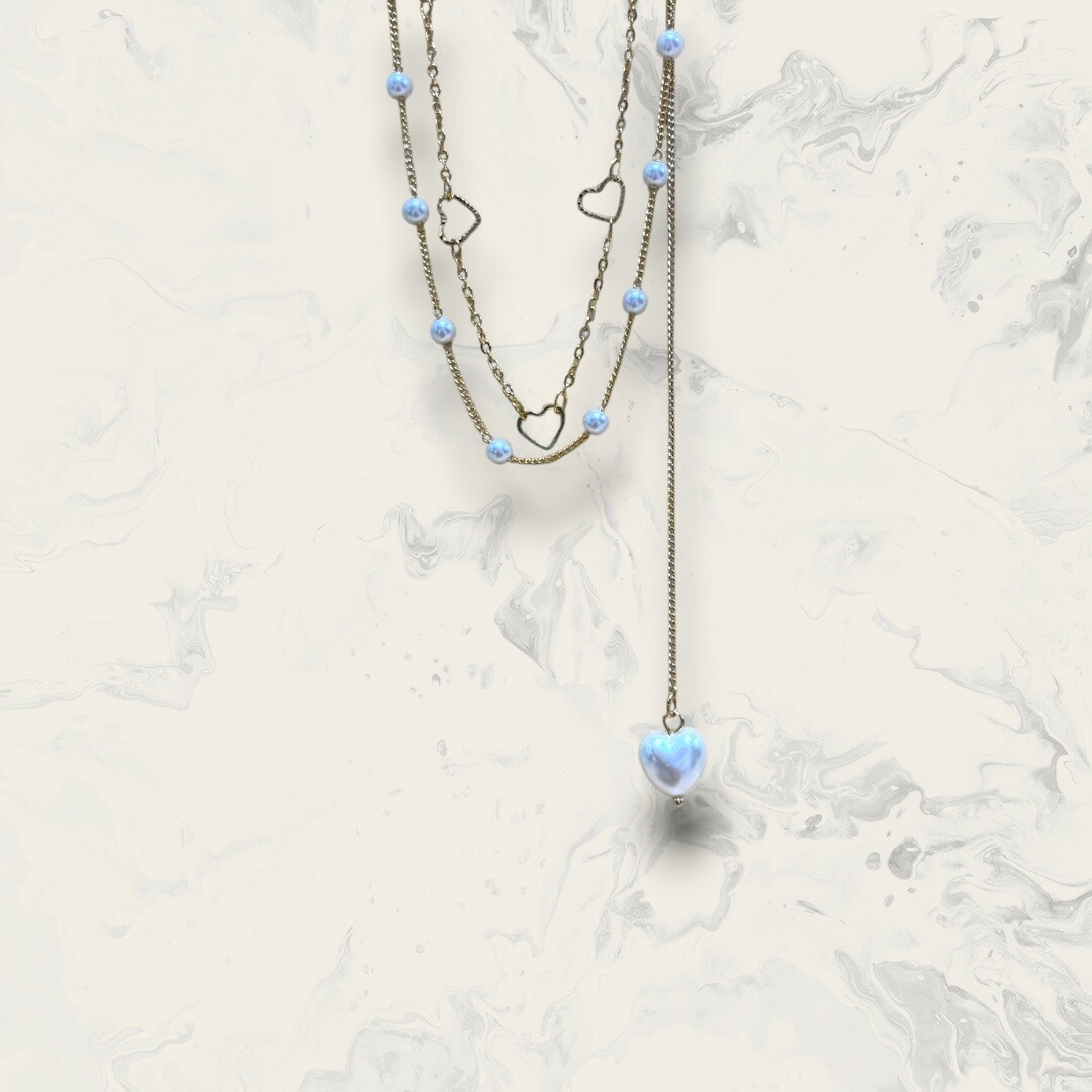 韓國直送項鍊 珍珠鍊+排列愛心框鍊 二件組