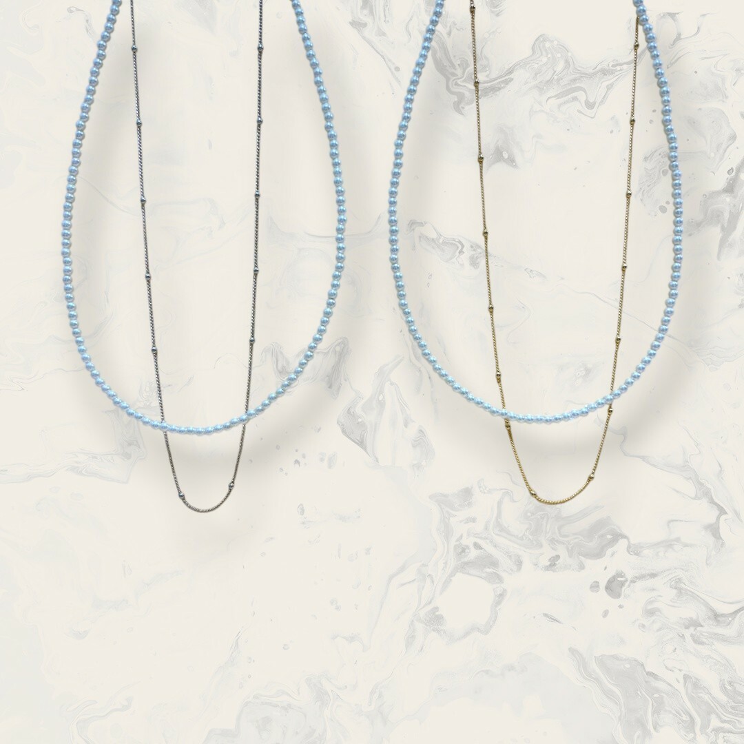 韓國直送項鍊 雙鍊 小珍珠串+珠珠鍊 鍍18K 2色