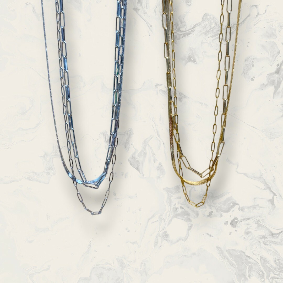 韓國直送項鍊 三鍊 圓長方鍊+橢圓鍊+扁蛇鍊 二件組 鍍14K 2色