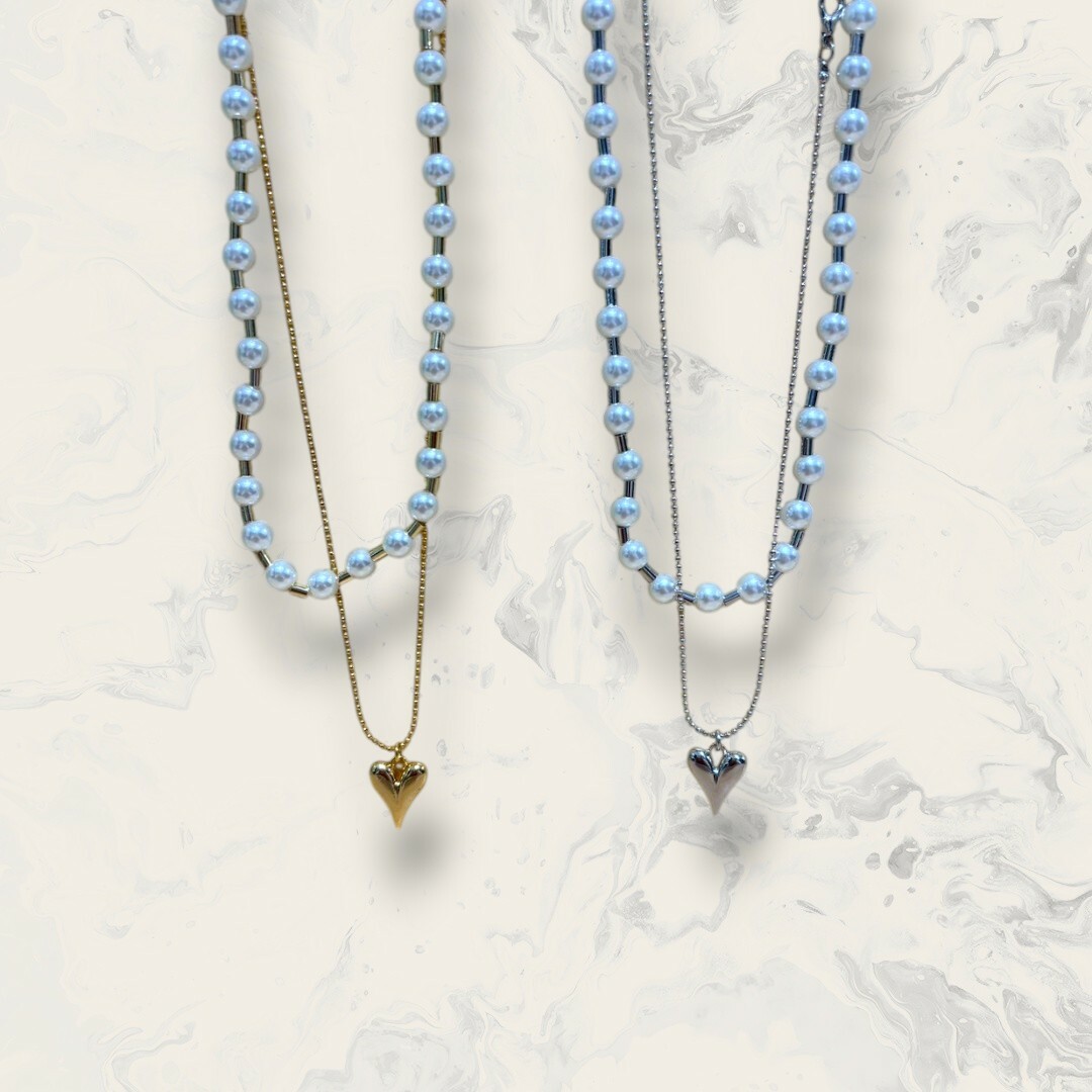 韓國直送項鍊 雙鍊 交錯排列珍珠+銀管 珠珠鍊吊愛心 二件組 鍍18K 2色