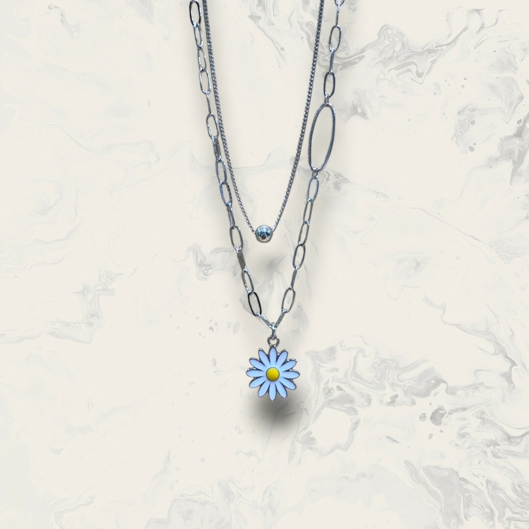 韓國直送項鍊 素鍊中珠珠+長圓鍊吊小雛菊  二件組