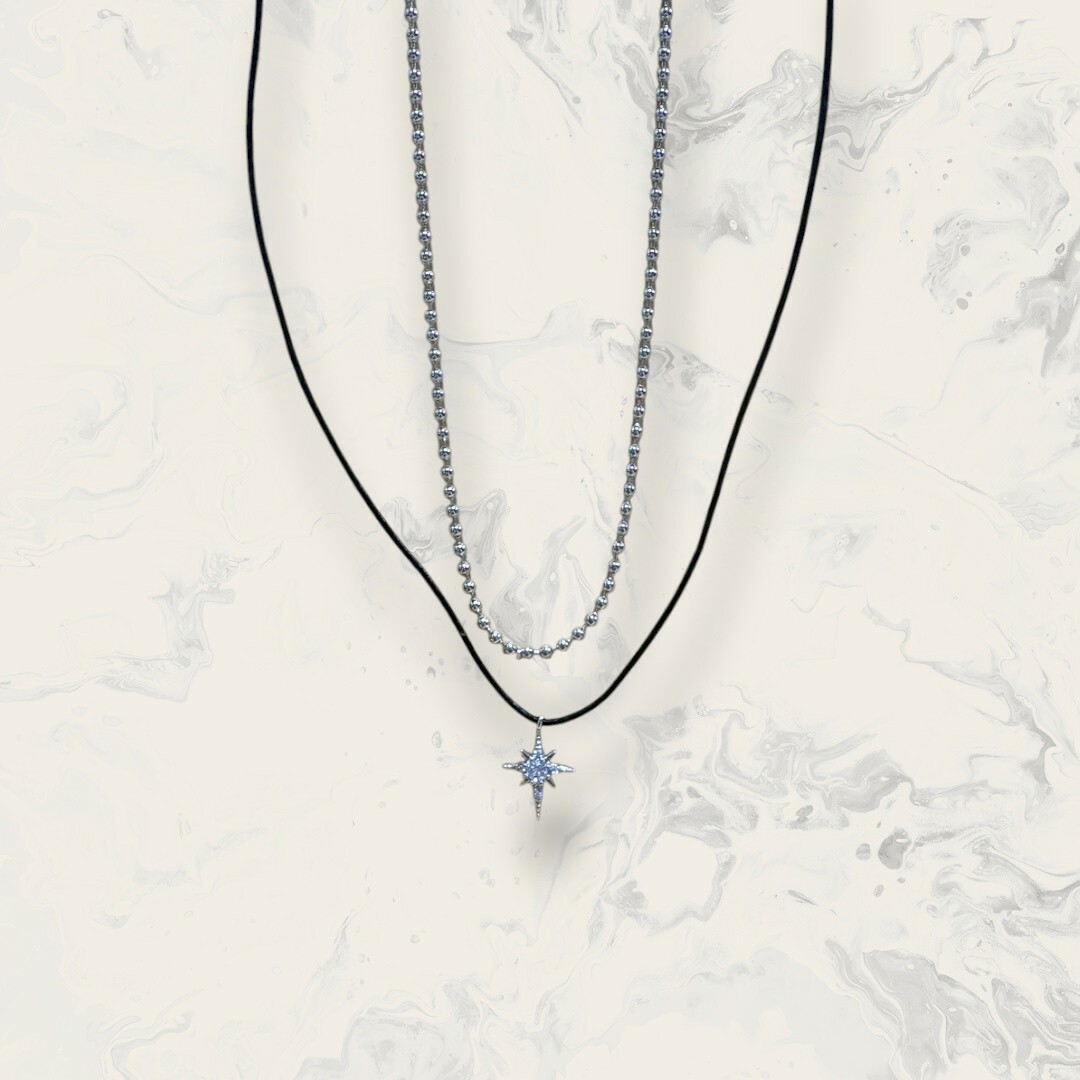 韓國直送項鍊 珠珠鍊+皮繩吊中鋯星芒 二件組