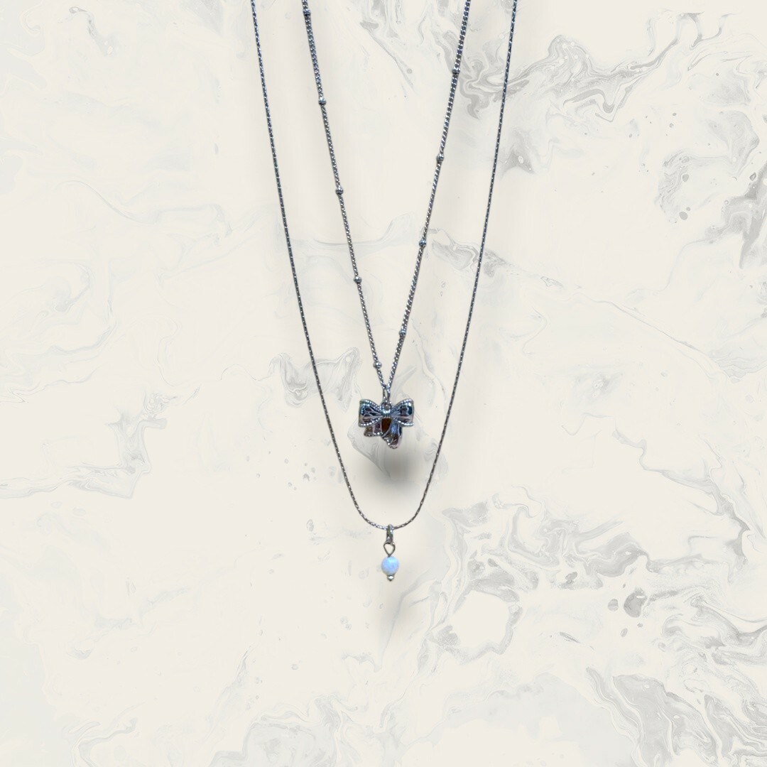 韓國直送項鍊 珠珠鍊吊立體蝴蝶結+細鍊吊珍珠 二件組